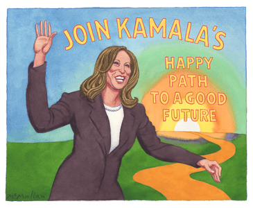 An illustration shows Kamala Harris waiving and smiling. Behind her is a rising sun and a path leading to it. Join Kamala's happy path to a good future reads the text.