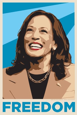 An illustration of smiling Kamala Harris, head raised to the sky, with a blue background and the word "Freedom" in big bold blue letters below her.