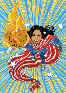 Colorful illustration of Kamala Harris as a superhero with a long red and white striped cape, blue dress and a fist of fire.